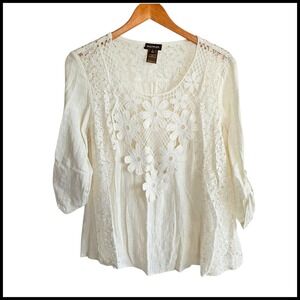 Multiples Crochet Lace Floral Applique 3/4‎ Sleeve Top Blouse Size S Cotton